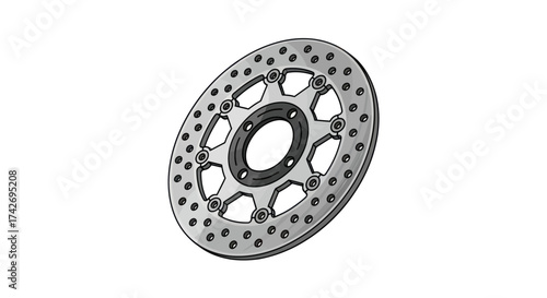A detailed illustration of a circular motorcycle brake disc rotor with drilled cooling holes and a black central hub.