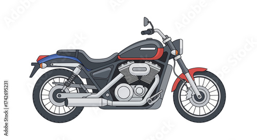 Detailed Illustration of a Classic Motorcycle with Red Accents.