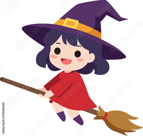 Cartoon illustration of a cheerful young witch riding a broomstick, wearing a purple hat and a red dress.