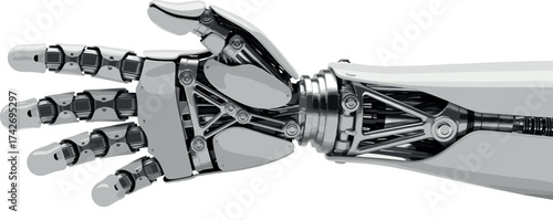Robotic arm and hand illustration, advanced mechanical design, realistic AI limb rendering, futuristic prosthetic concept, precision engineering sketch, black and white tech art
