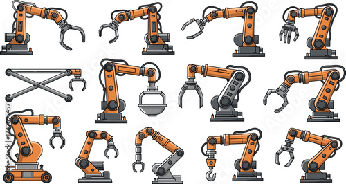 Robotic arm icon set, industrial automation illustration, mechanical arm vector design, orange and gray robot arms, factory tech elements, engineering tool collection