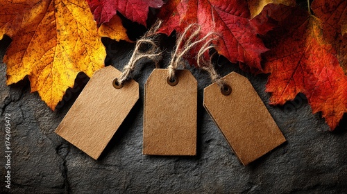 Three blank brown tags with st lie on a textured dark surface framed by colorful autumn leaves of yellow, orange, and deep red hues.