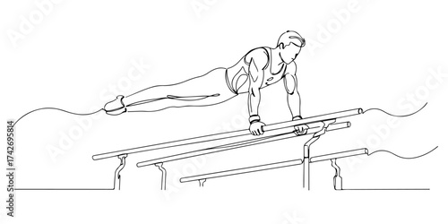 Continuous one line drawing of a gymnast performing a parallel bars routine, symbolizing strength, control, and grace, style vector illustration.
