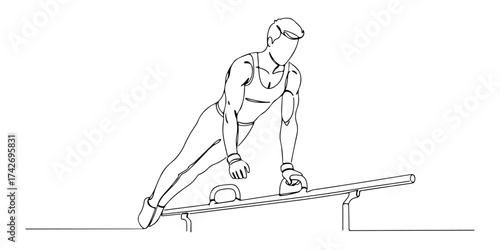 Continuous one line drawing of a gymnast performing a parallel bars routine, symbolizing strength, control, and grace, style vector illustration.