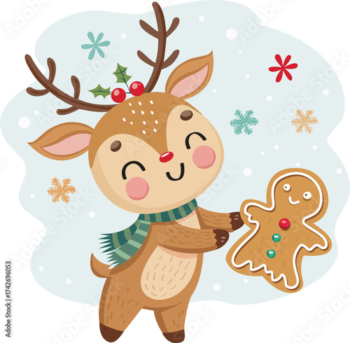 Cute Reindeer Character Holding Christmas Biscuit — Festive Holiday Vector