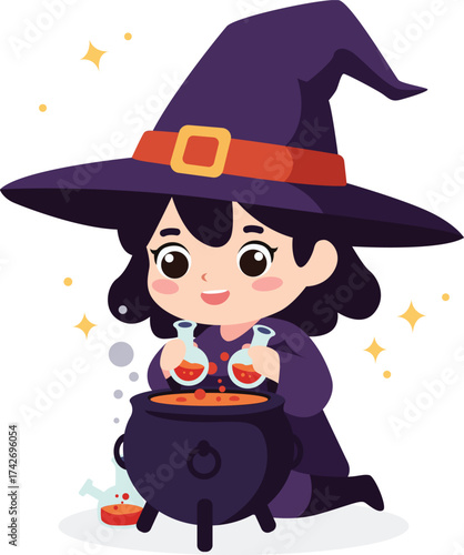 A cartoon witch brews a potion in a cauldron, holding flasks with orange liquid, surrounded by stars.