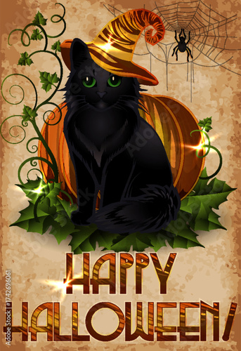 Happy Halloween vip card, black cat in a witchs hat, vector illustration