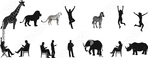 Silhouettes of diverse people with disabilities, wheelchair and cane users, accessibility inclusion theme, healthcare support concept, social equality awareness, flat vector