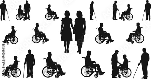 Silhouettes of diverse people with disabilities, wheelchair and cane users, accessibility inclusion theme, healthcare support concept, social equality awareness, flat vector