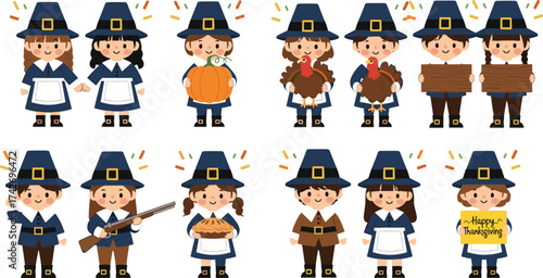 Thanksgiving Pilgrim characters, cartoon children, festive costumes, pumpkin, turkey, pie, heart balloon, musket, signs, celebration illustration, autumn theme