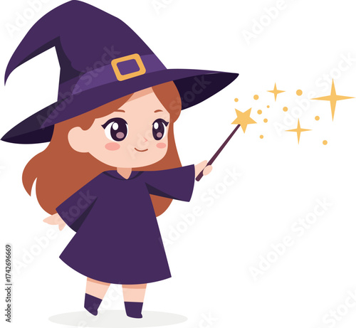 Cartoon witch girl in purple robe and hat casting magic with a star-tipped wand.