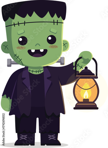 Cartoon depiction of Frankenstein's monster holding a glowing lantern, smiling with stitched details and bolts.