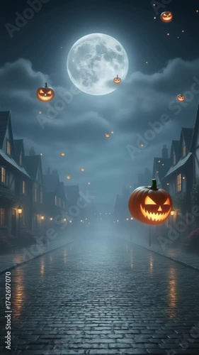 A mysterious Halloween figure with a glowing jack-o'-lantern head stands in a foggy graveyard under a crescent moon. Magical particles shimmer in the mist as the scene glows with eerie orange light. C