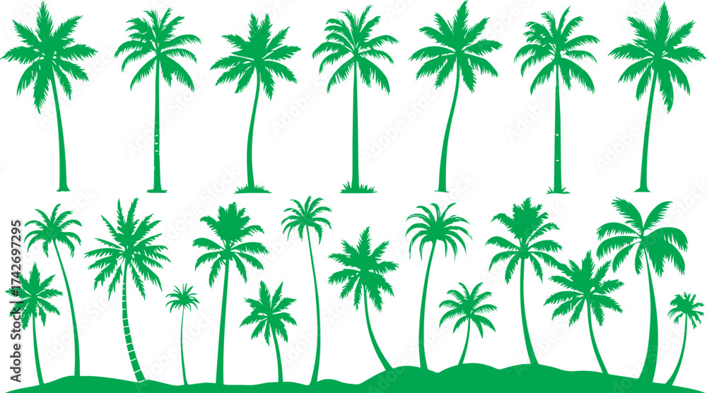 Naklejka premium Palm trees green silhouettes set isolated on white background vector