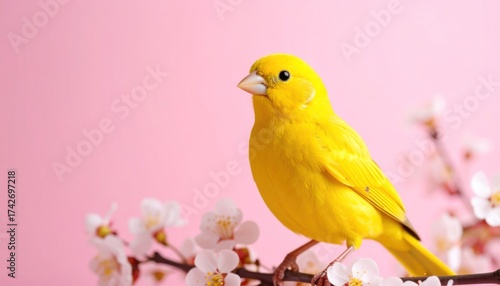 Yellow Canary Bird Perched on Branch with Pink Spring Blossom Background.