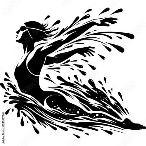 Silhouette of a swimmer: The dynamic illustration shows a swimmer gliding gracefully through water. Water splashes and movements reflect a sense of speed, power, and fluidity.