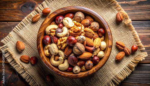 Overhead shot of a wooden bowl overflowing with a variety of nuts