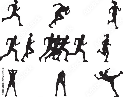 Collection of running and stretching athlete silhouettes on a white backdrop