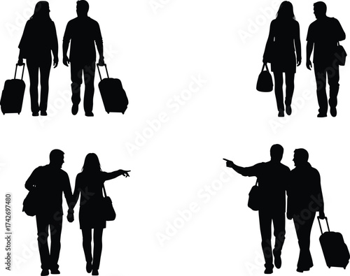 Travelers walking with luggage, airport silhouettes, people in transit, travel companions, tourism concept, journey together, vacation, black vector illustration