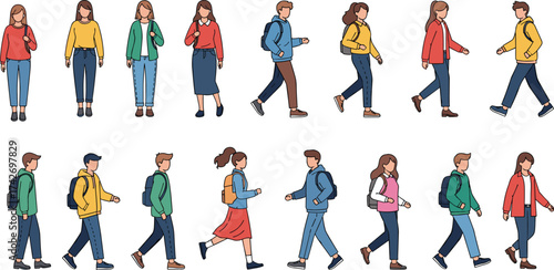 Walking characters, cartoon people, diverse outfits, casual fashion, character lineup, standing pose, motion illustration, backpack style, group design, animated look