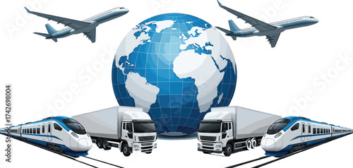 Global transportation, logistics concept, airplanes, freight trucks, high-speed trains, worldwide shipping, cargo delivery, international trade, supply chain, export, import, travel