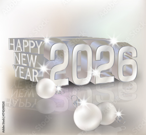 New 2026 year with silver xmas balls, vector illustration