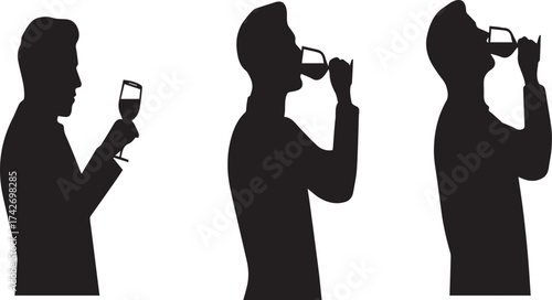 Man in Silhouette Sequence of Wine Drinking with Glass