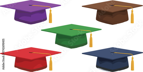 Graduation caps in colorful arrangement, academic celebration, education milestone, tassel detail, university success, diverse disciplines, student achievement, festive ceremony