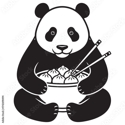 Giant Panda Holding Bowl of Steamed Dumplings with Chopsticks, Black and White Logo Illustration