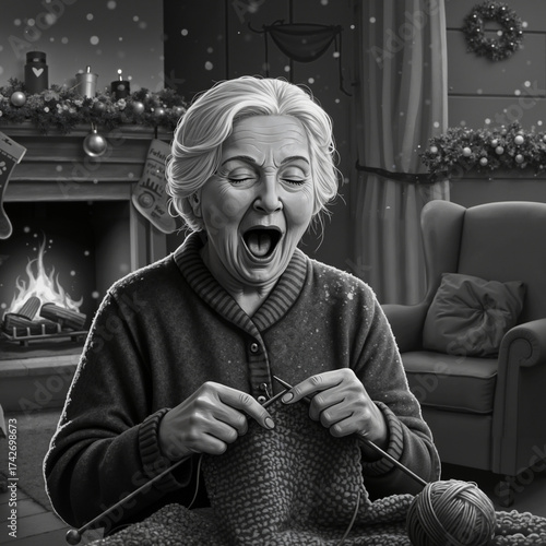 Elderly woman yawning while knitting by fireplace in cozy winter room