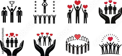 Stick figures celebrating with hearts and trophy black