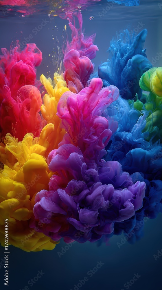 Obraz premium Vivid and mesmerizing rainbow colored ink plumes gracefully dispersing into a fluid medium creating a captivating underwater abstract scene.