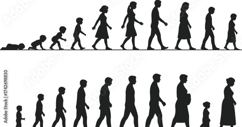 Human life stages, aging process, male and female silhouettes, growth timeline, childhood to elderly, evolution of age, people development, aging concept, life cycle illustration