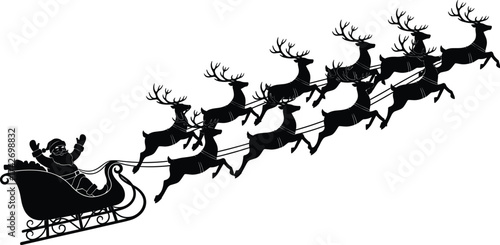 Santa Claus silhouette, flying sleigh, Christmas reindeer, festive illustration, holiday magic, winter night, seasonal artwork, traditional folklore, gift delivery, celebration