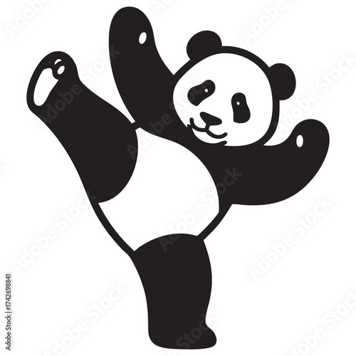Playful Panda Kicking Up a Leg, Energetic Black and White Cartoon Mascot