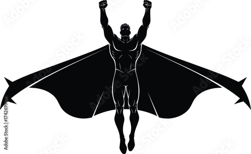 Bat winged superhero silhouette, muscular figure, flying pose, black and white style, dramatic motion, powerful ascent, mythical creature, bold design, action