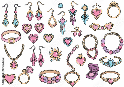 Collection of HandDrawn Jewelry with Hearts and Gems in Pastel Colors.