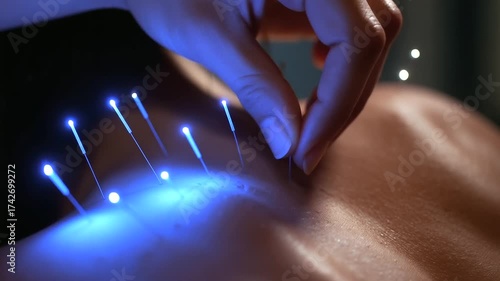 Close-up of acupuncture treatment with multiple needles glowing across the back, skin illuminated under radiant spa lighting.