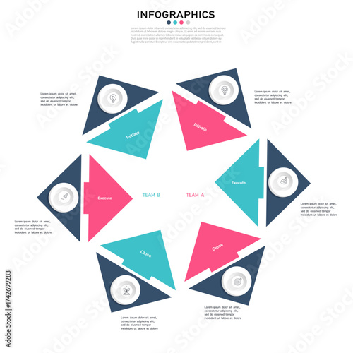 Project management lifecycle infographic vector with 6 steps, showing team collaboration and workflow for business presentation.