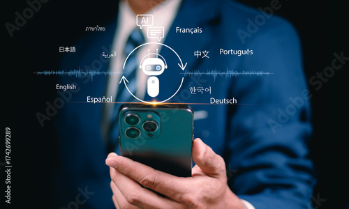 AI-Powered Language Translate App Concept. A person holds smartphone displaying an AI powered language translation app. Screen features robot and multiple languages, symbolizing global communication.