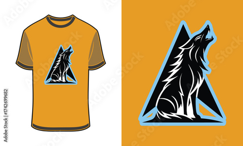 Tshirt mockup wolf silhouette howling upward within a blue outlined triangle orange
