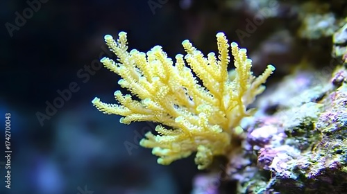 Closeup view of Vibrant Yellow Finger Leather Coral on a Reef Rock