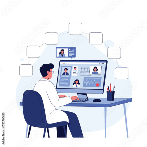A man attends a virtual meeting on his computer.