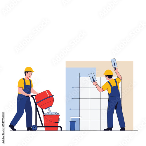 Construction workers mixing cement and plastering a wall.