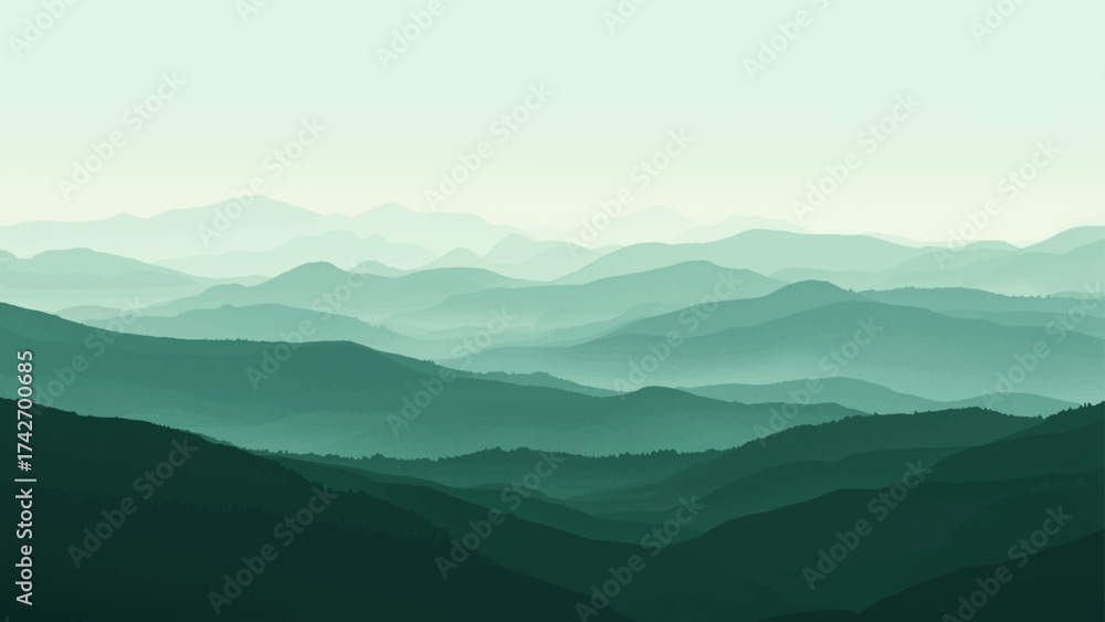 Obraz premium Minimalist landscape with layered green mountain silhouettes fading into a misty horizon. Smooth gradient tones create depth and calm atmosphere, perfect for nature, travel, or eco design themes.