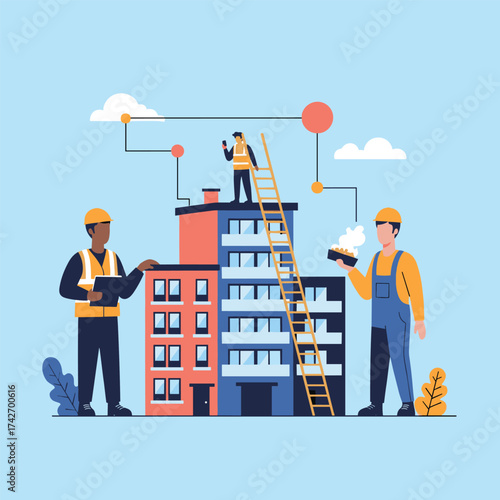Construction workers are building a modern apartment building.