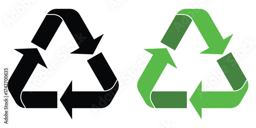 Recycle arrow icons. Black and green recycle icon with three rotating arrows forming recycling symbol. Recycle icon for sustainability, waste management, environmental protection. Vector illustration.