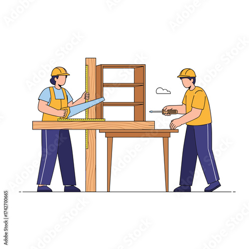 Two carpenters measuring wood for a shelf.
