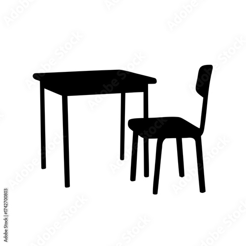 Silhouette of a simple rectangular table and chair isolated on white