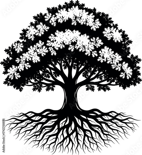 Stylized tree with roots and canopy, black and white nature illustration, symmetrical growth design, life balance concept, vector art for spiritual themes